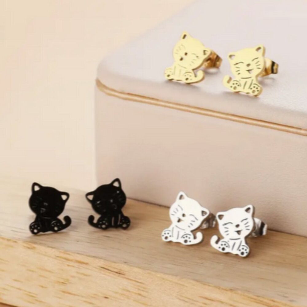 Happy Kitty Stainless Steal Stud Earrings NWT
